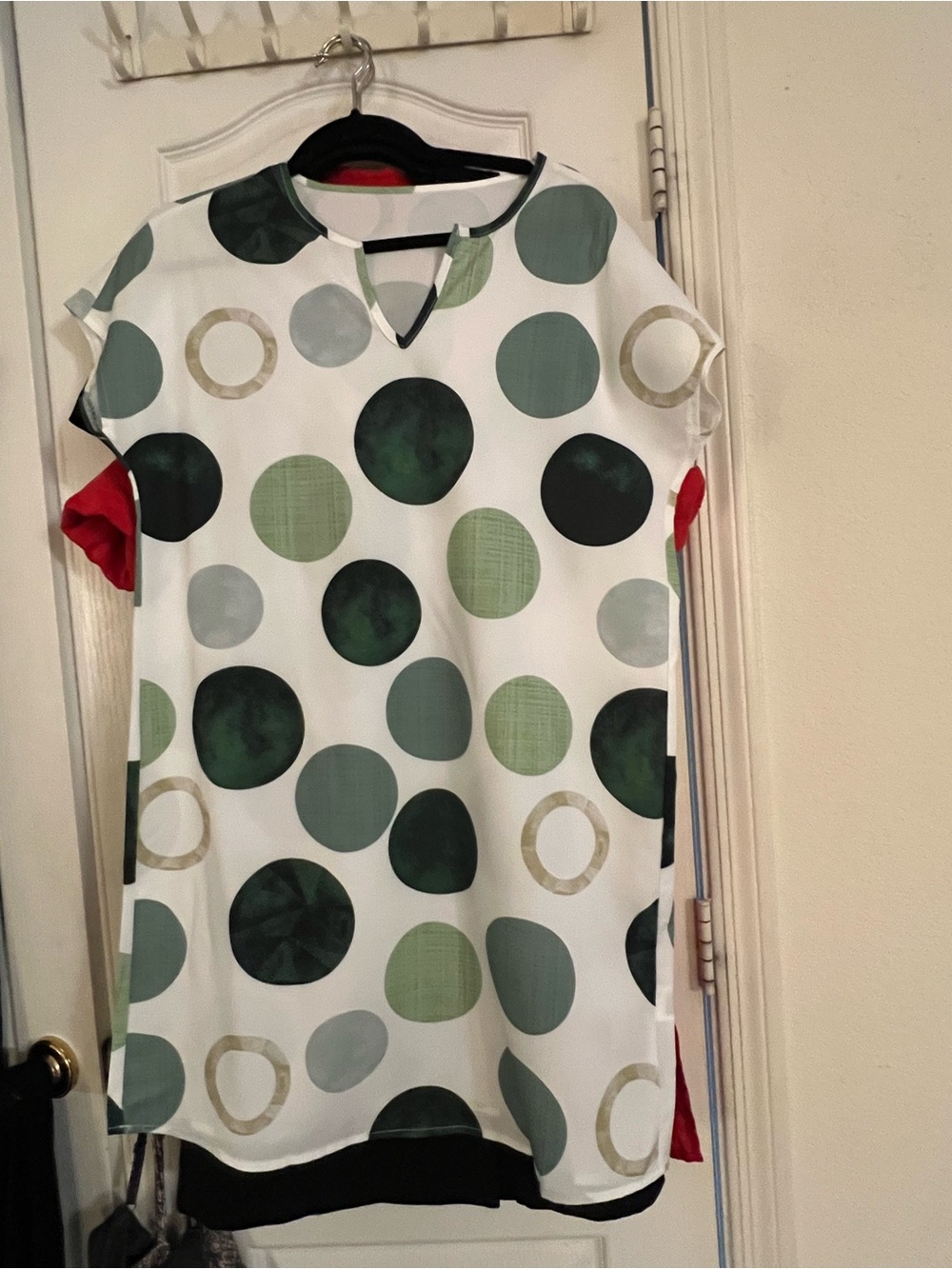 SHEIN White Tunic with Green and Gray Large Dot Print